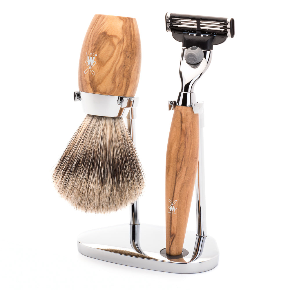 Muhle Kosmo, Olive Wood 3-Piece Fine Badger / Mach3 Shaving Set